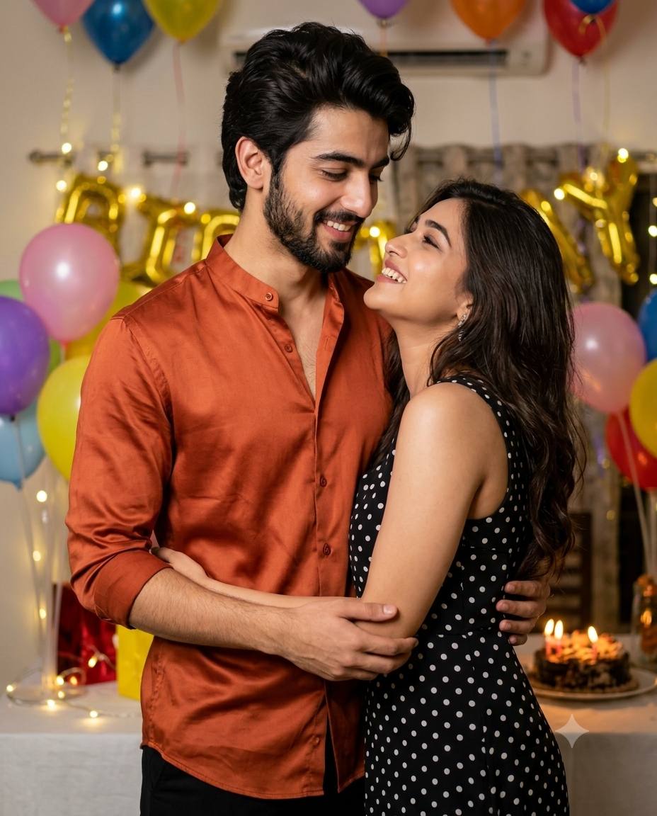 Indian couple birthday AI prompt | Rust satin shirt & polka dot dress