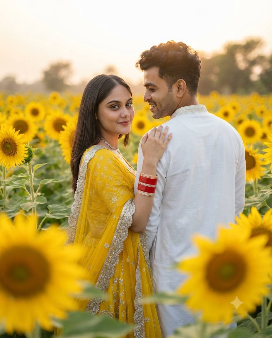 Romantic Indian Couple in a Sunflower Field at Golden Hour – Ultra-Realistic Cinematic AI prompt