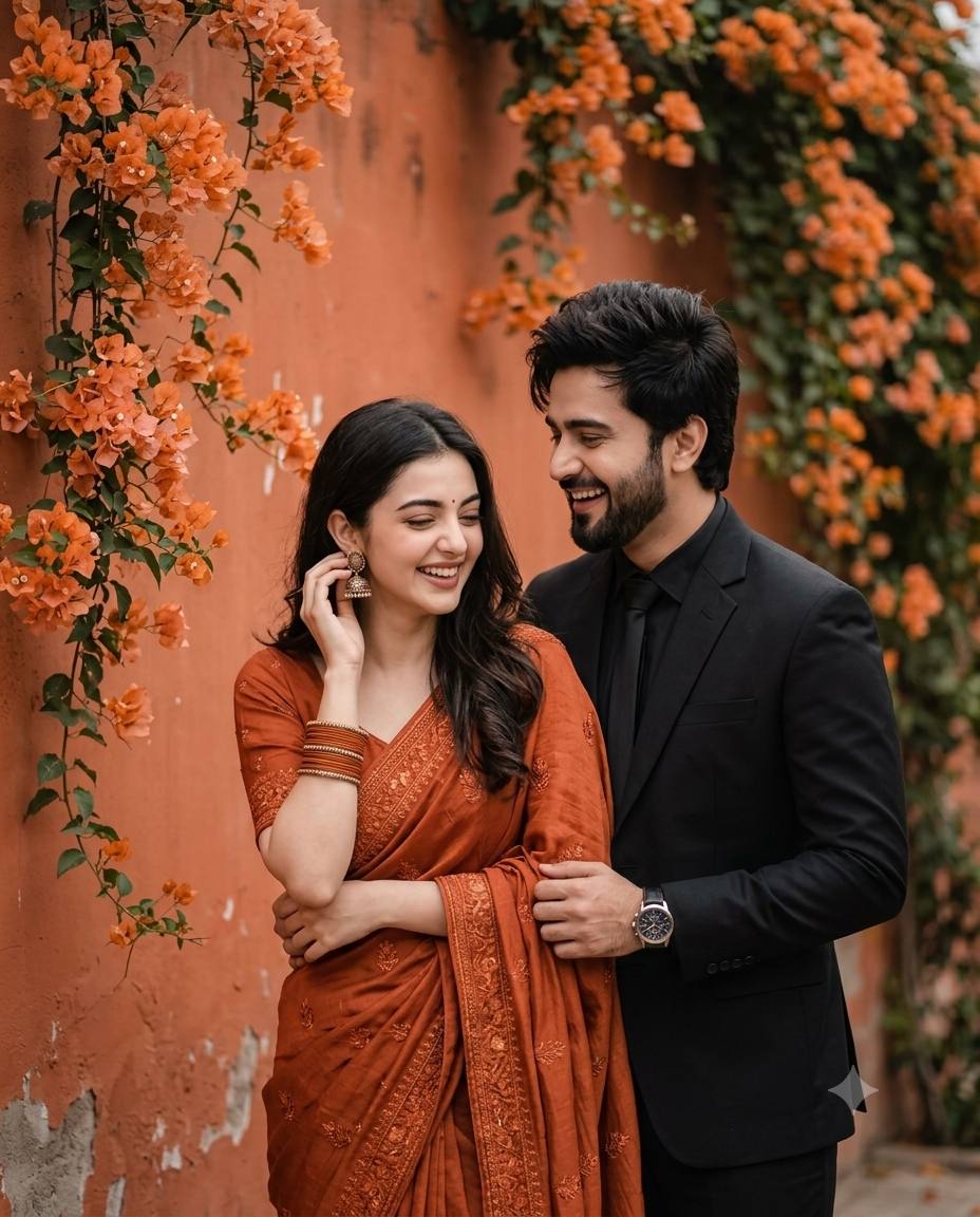 Indian couple portrait AI prompt | Rust saree, black suit and bougainvillea
