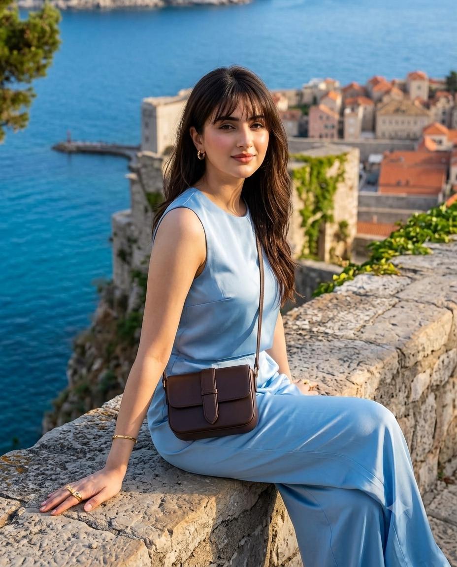 Mediterranean Cliffside Portrait Quiet Luxury Style AI Image Prompt | Baby Blue Satin Fashion