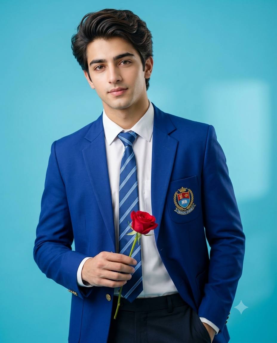 Royal blue school blazer AI prompt | Red rose, striped tie & formal style
