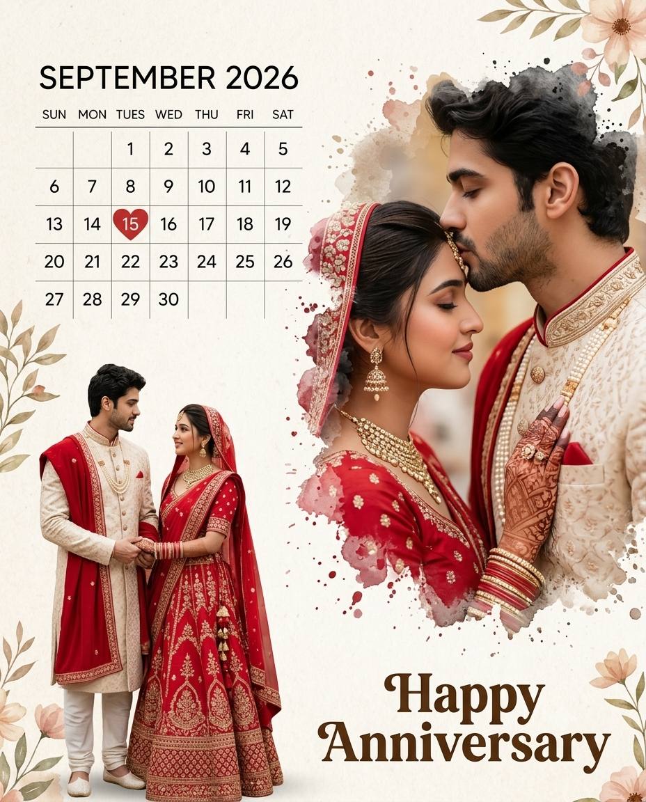 September 2026 anniversary calendar AI prompt | Romantic Indian couple watercolor