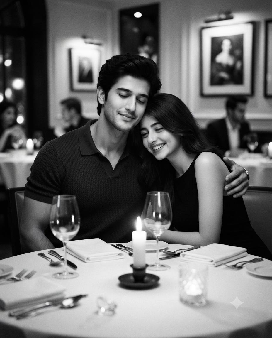 Black-and-white couple dinner date AI prompt | Sophisticated cinematic style
