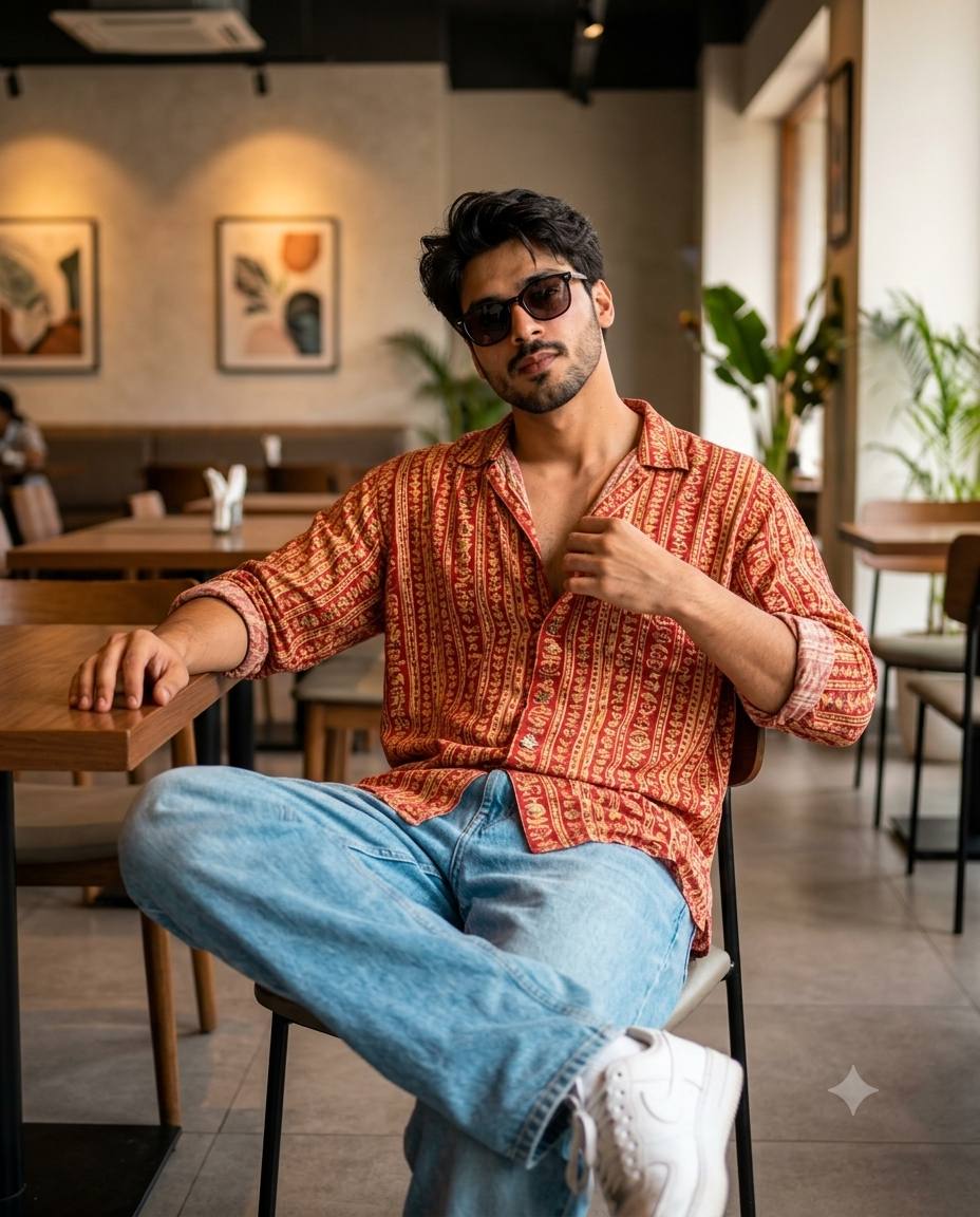 South Asian man café AI prompt | Printed shirt, baggy jeans & curly hair
