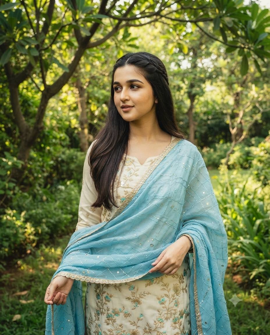 South Asian woman salwar suit portrait AI prompt | Cream outfit with sky-blue dupatta
