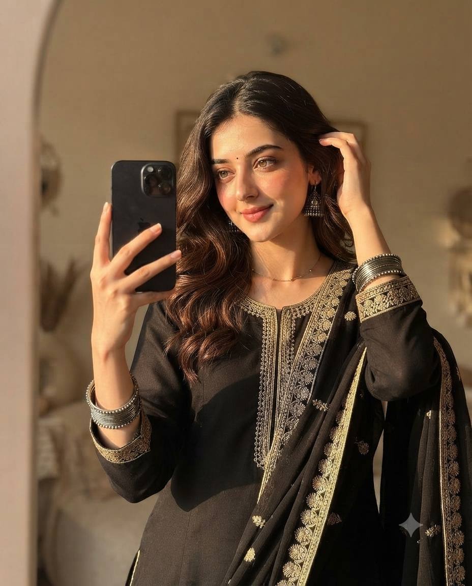 South Asian woman mirror selfie AI prompt | Black kurti fashion style