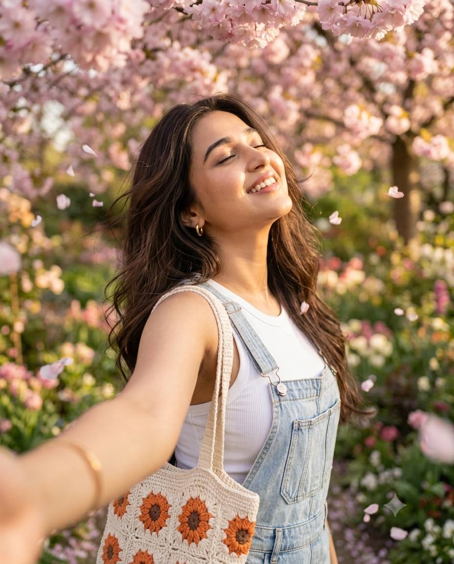 Spring floral selfie AI prompt | White denim and golden hour