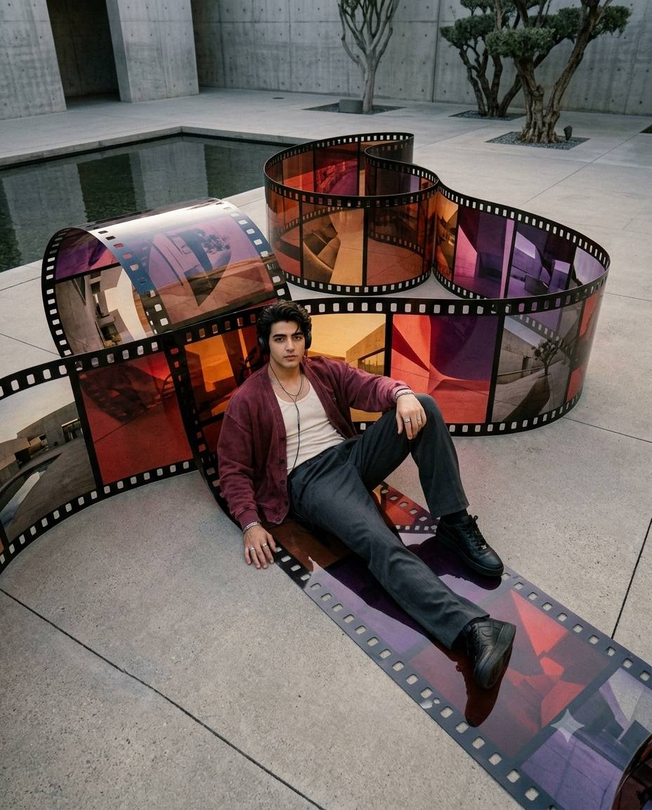 Surreal film strip fashion AI prompt | Red cardigan & analog projection