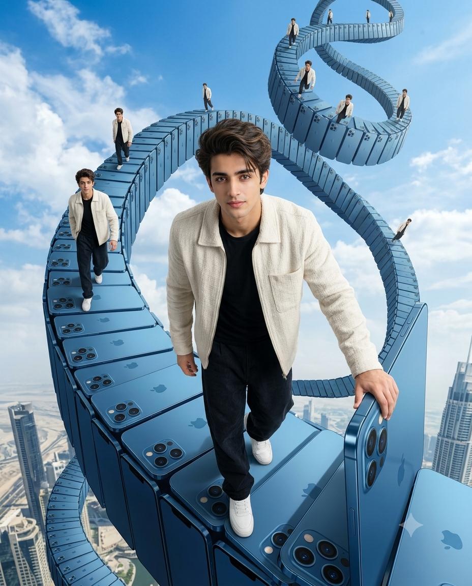 Futuristic Smartphone Spiral Portrait AI Image Prompt | Giant Blue Phone Walkway & Identity-Matched Figures