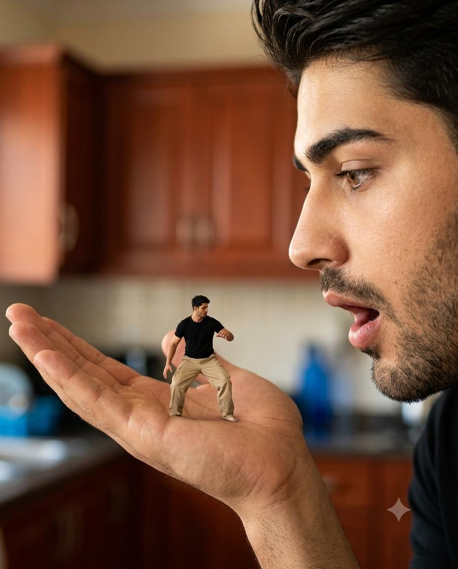 Giant Man Surreal Portrait AI Image Prompt | Miniature Man & Hyper-Realistic 85mm Bokeh