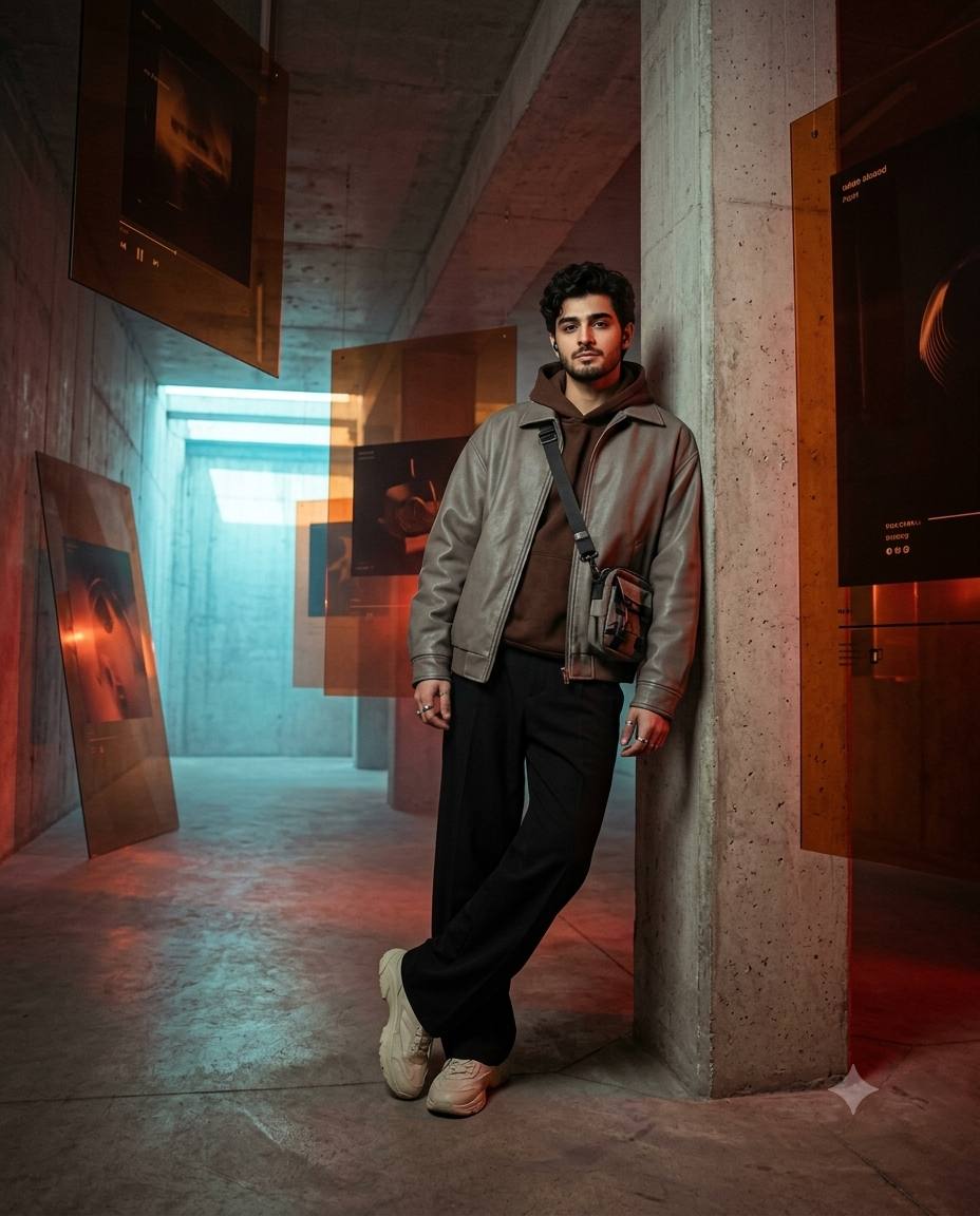 Surreal underground fashion AI prompt | Gray leather jacket & cyan lighting