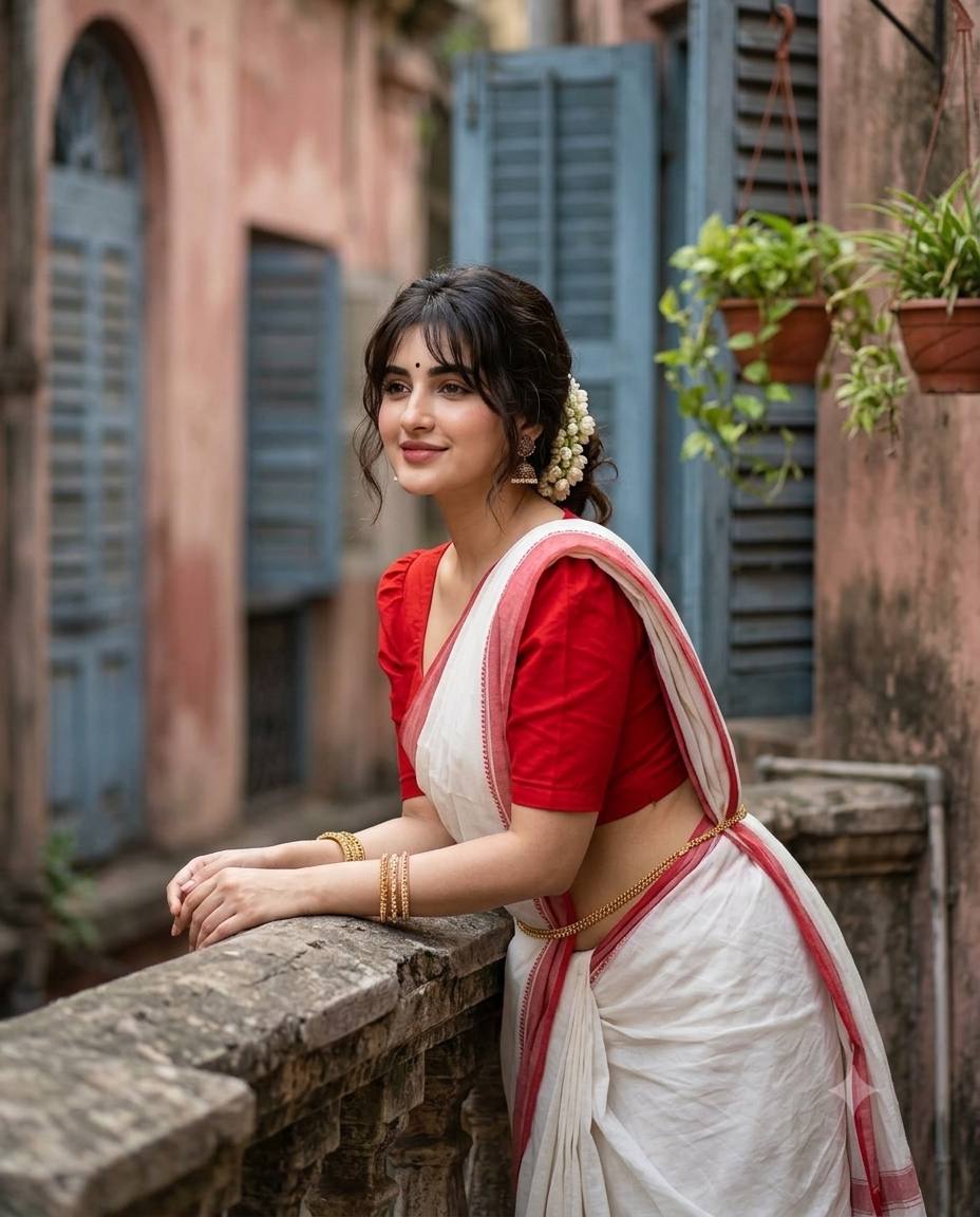 Bengali woman portrait AI prompt | White-red saree and cinematic Kolkata street style