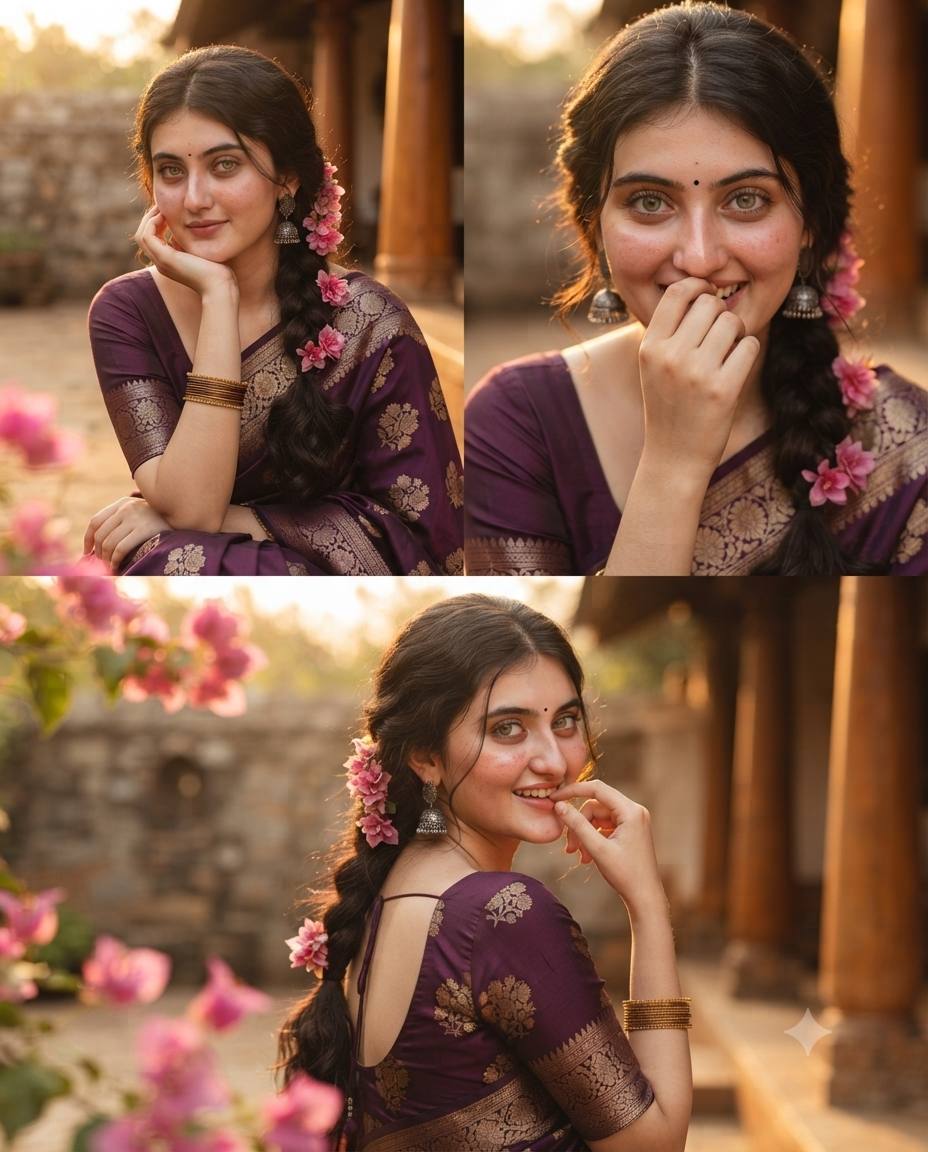 Purple silk saree multi-panel portrait AI prompt | Traditional cinematic style