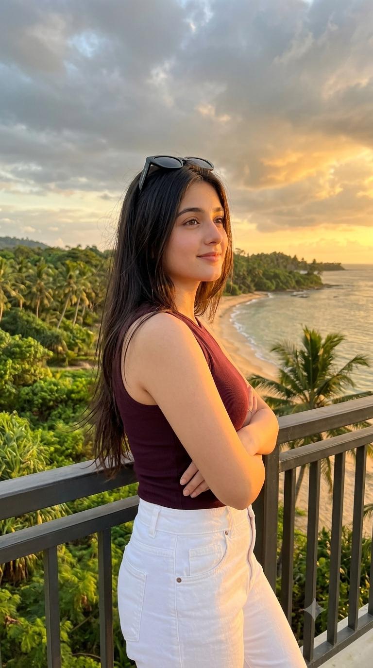 Woman Tropical Sunset Portrait AI Image Prompt | Burgundy Top & Scenic Beach Balcony