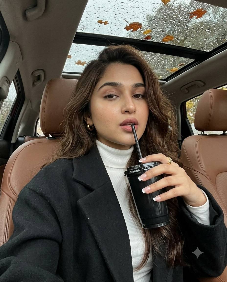Autumn car selfie AI prompt | White turtleneck, gold jewelry & leather interior
