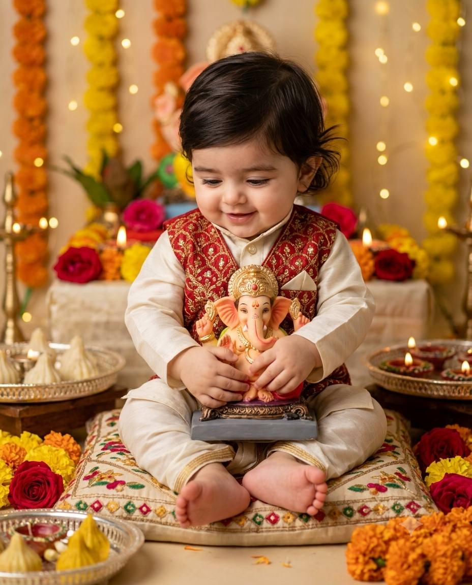 Ultra-Realistic Ganesh Chaturthi AI Photo Prompt baby boy Cuddling Small Ganpati Bappa Idol