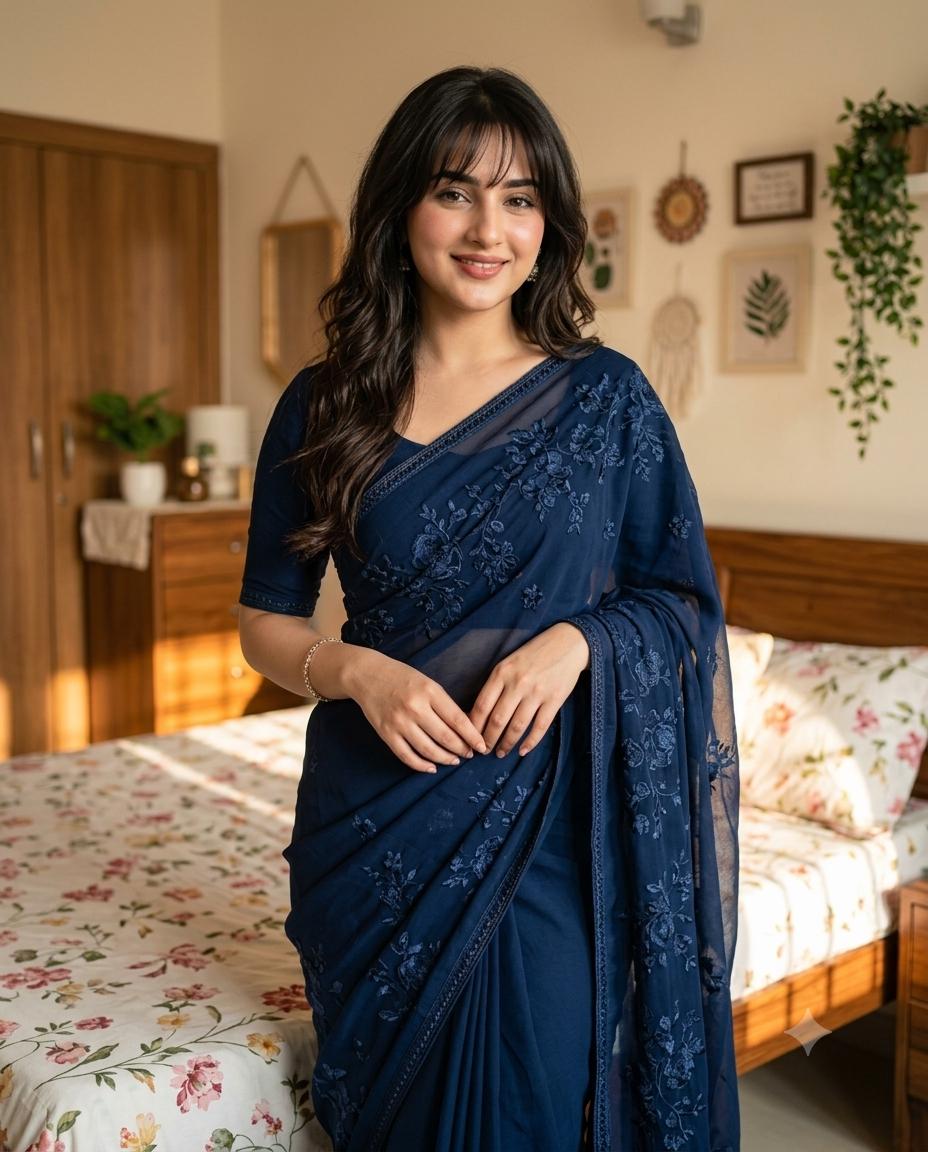 Navy Blue Saree Golden Sunlight AI Image Prompt for Gemini
