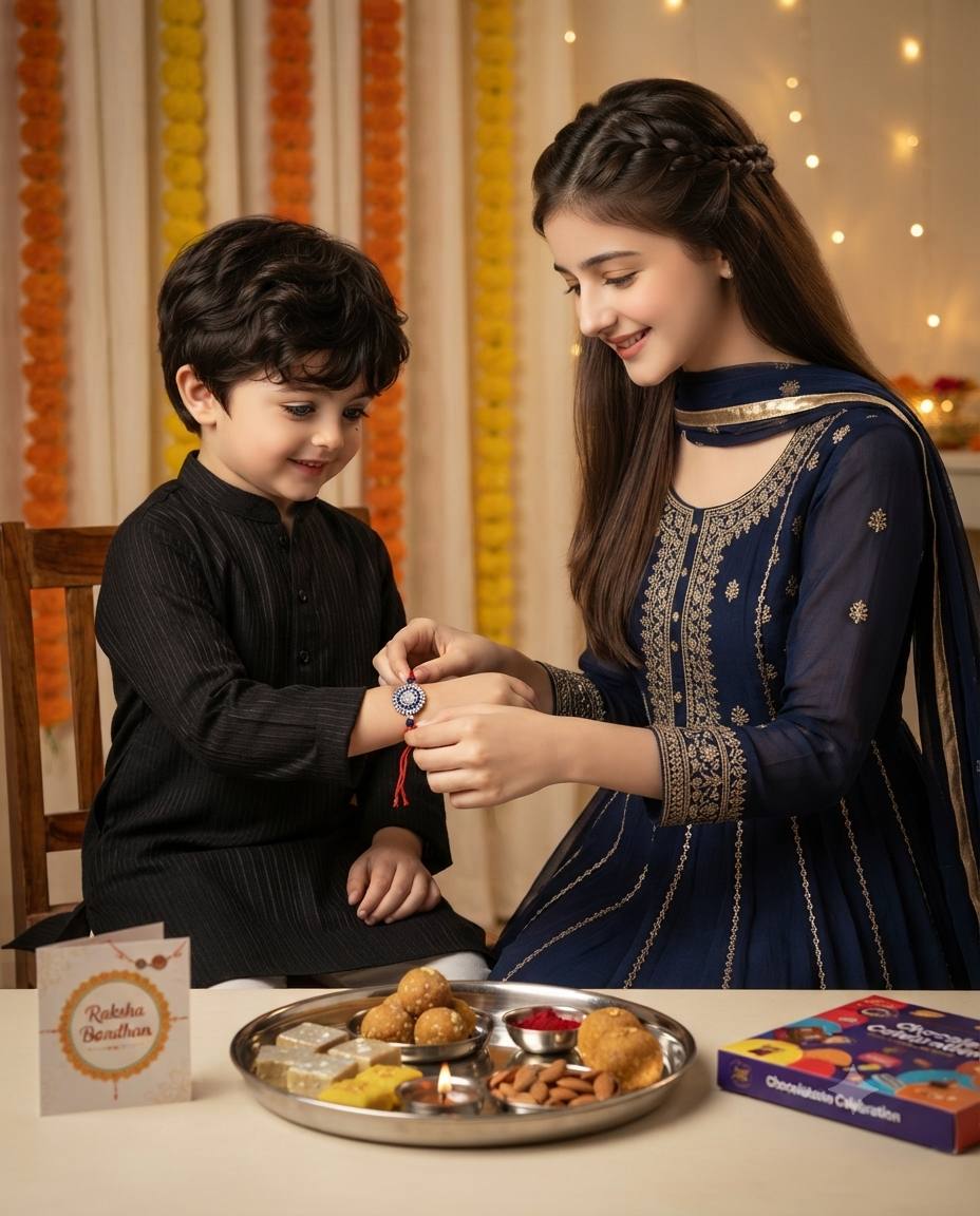 Raksha Bandhan Brother-Sister Portrait with Traditional Rakhi Ceremony AI image prompt