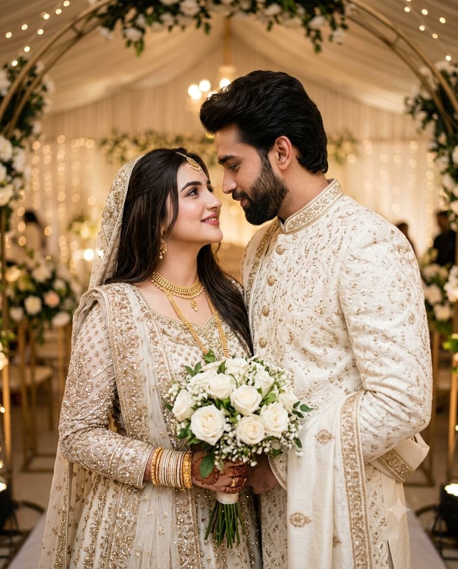 South Asian wedding couple AI prompt | Ivory outfits, white roses & gold jewelry