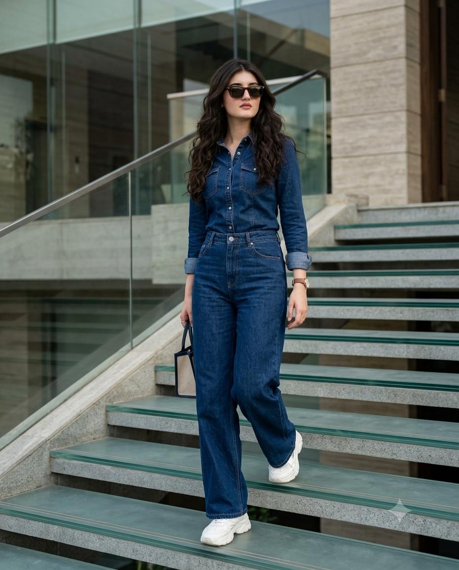 Woman Luxury Staircase Portrait AI Image Prompt | Ultra-Realistic Denim Fashion Style