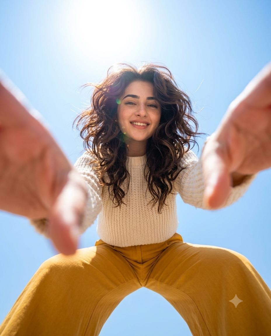 Woman Ultra-Wide Fashion AI Image Prompt | Low-Angle Lens Flare & Daylight Editorial
