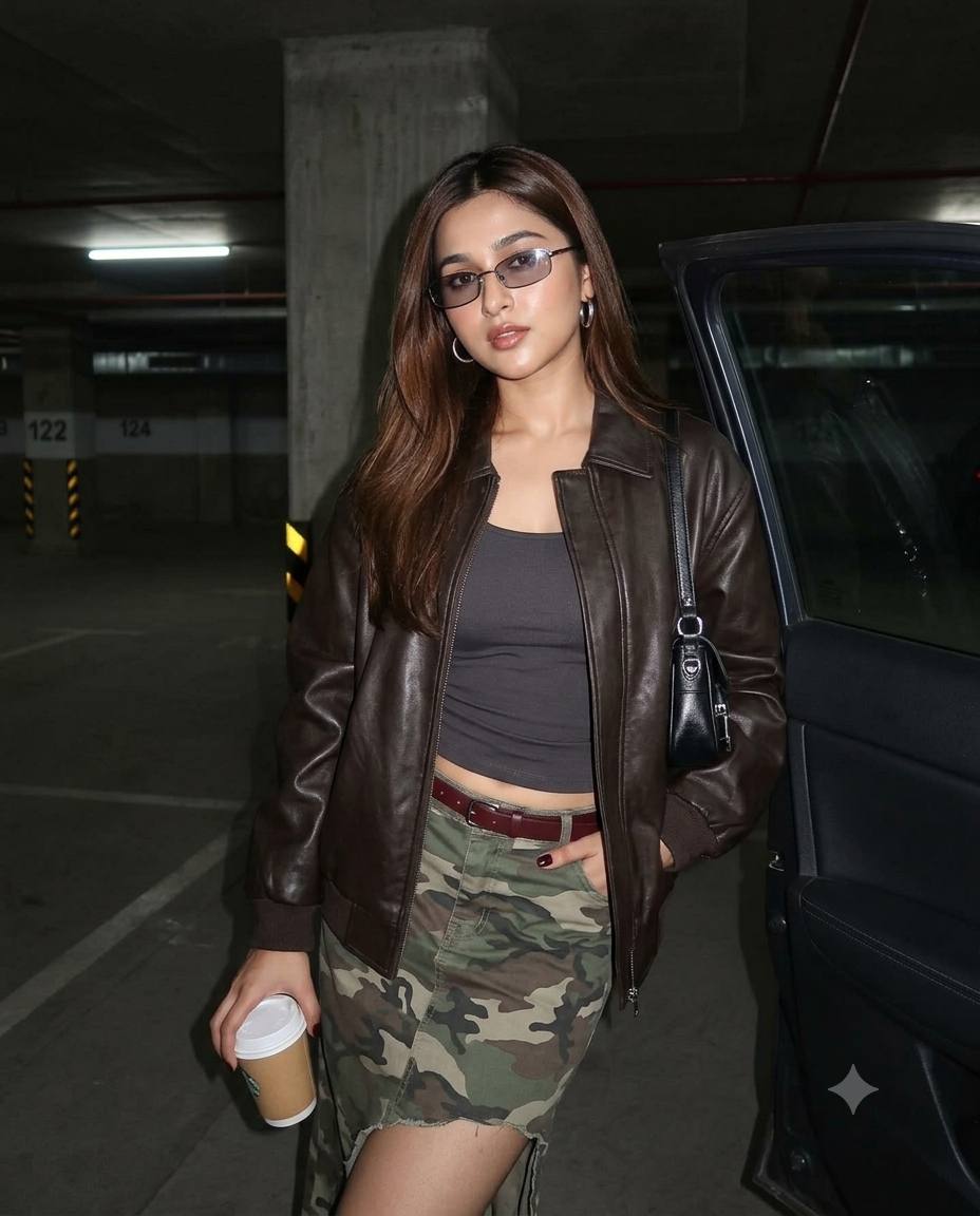 Parking garage fashion AI prompt | Leather bomber, camo skirt & flash