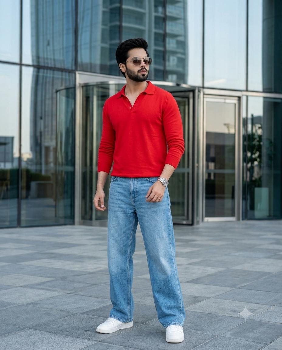 Young Man Urban Street Fashion AI Image Prompt | Red Polo & Wide-Leg Jeans