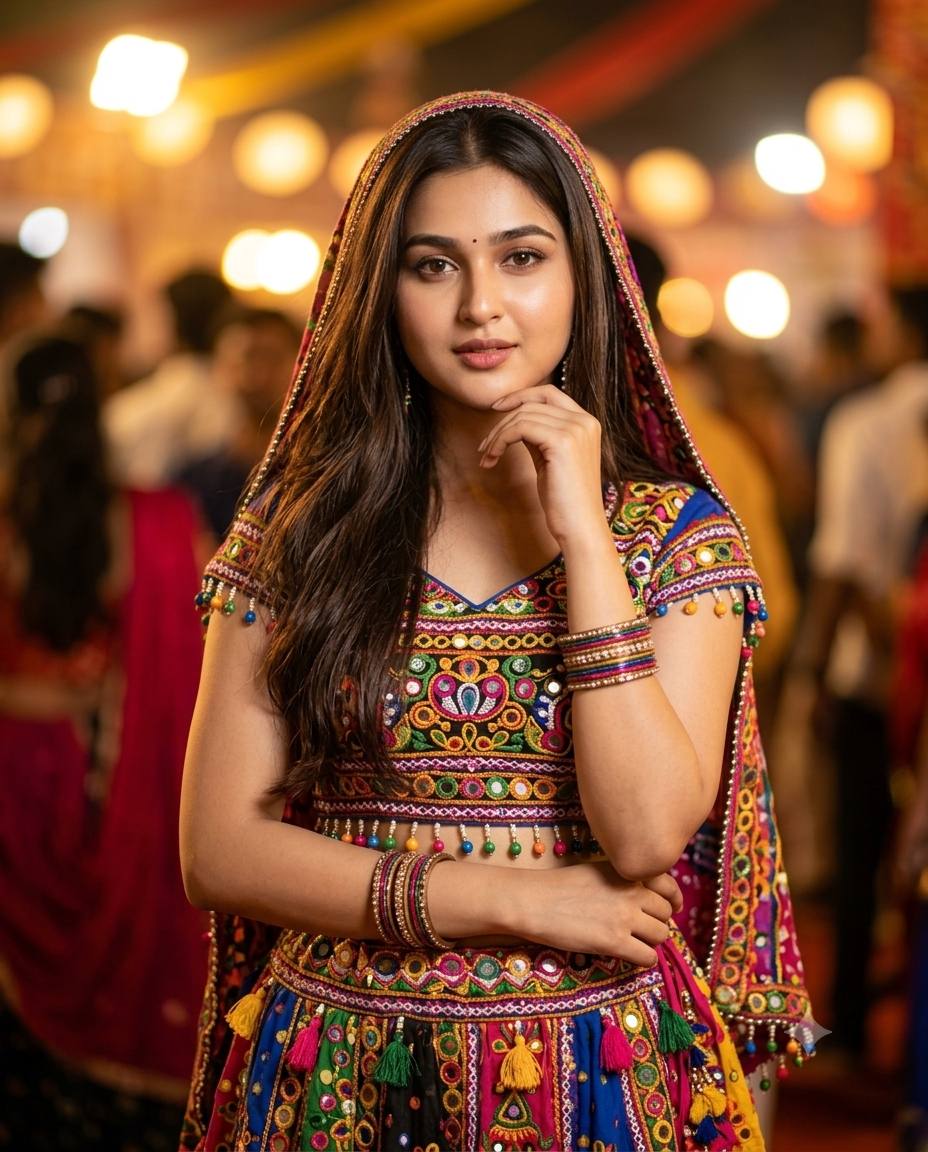 Gujarati Marwari lehenga portrait AI prompt | Vibrant Navratri mirror work