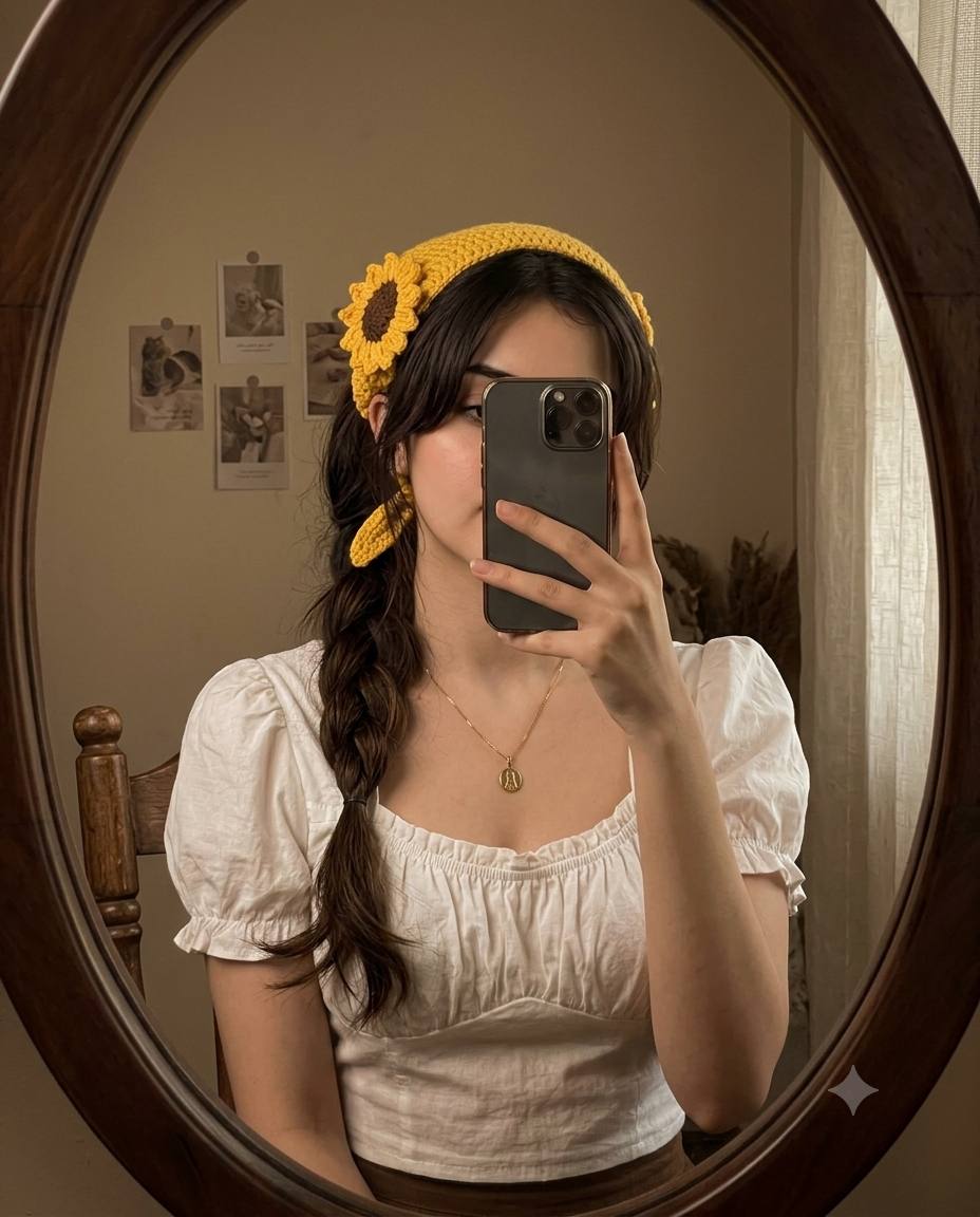 Cottagecore mirror selfie AI prompt | Sunflower headband and ultra-realistic 8K