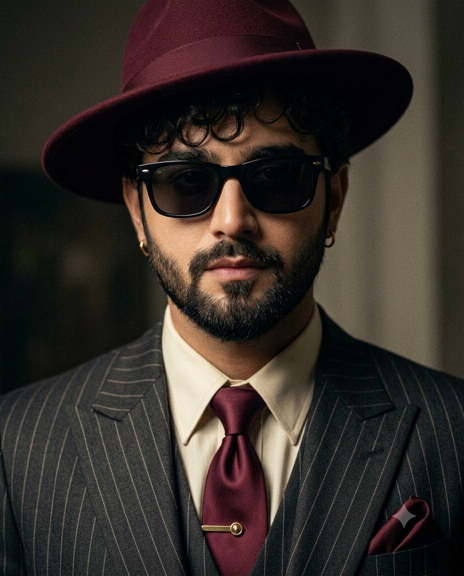 Film noir gentleman portrait AI prompt | Burgundy fedora and moody lighting