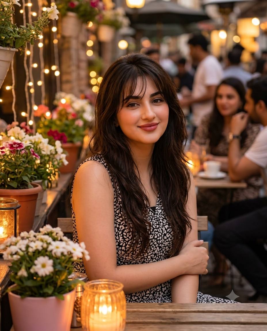 Evening café woman portrait AI prompt | Black-white dress, flowers & ambient lights