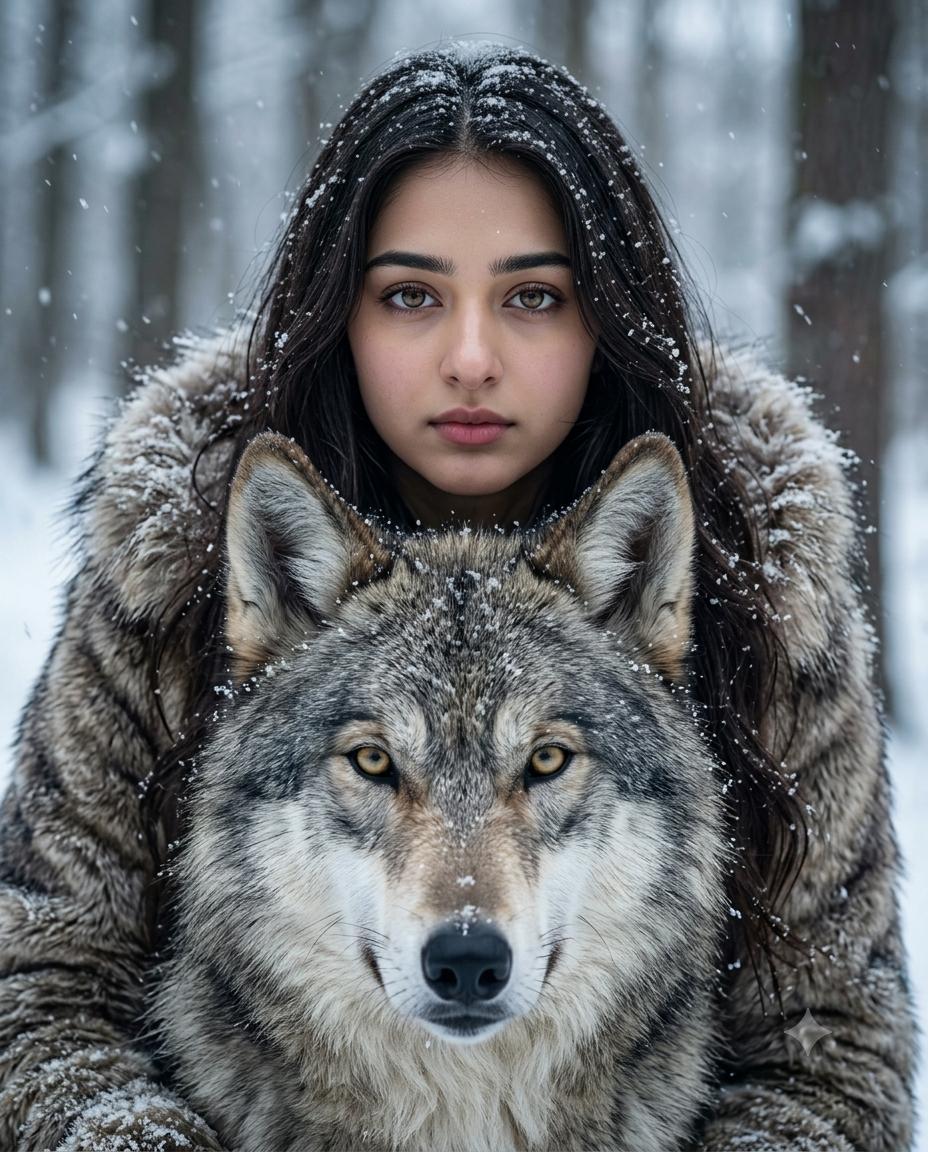 Woman and Wolf Cinematic Style AI Image Prompt | Snowy Forest Wildlife