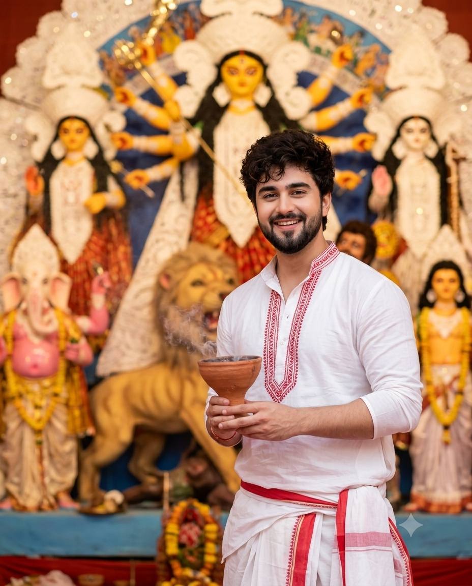 Bengali man Dhunuchi AI prompt | White kurta, dhoti & Maa Durga idol