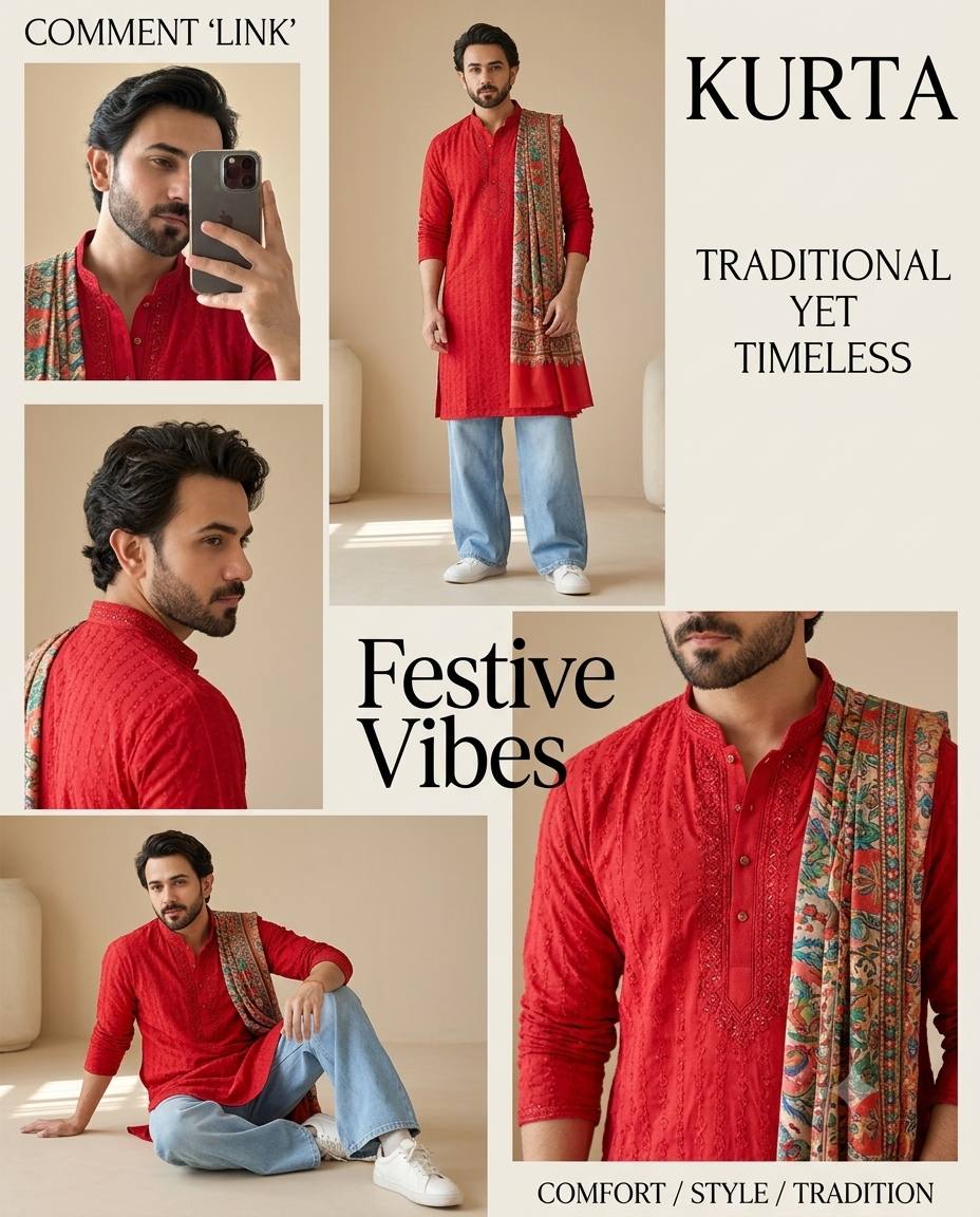 Indian man kurta collage AI prompt | Red kurta, printed stole & 5 poses