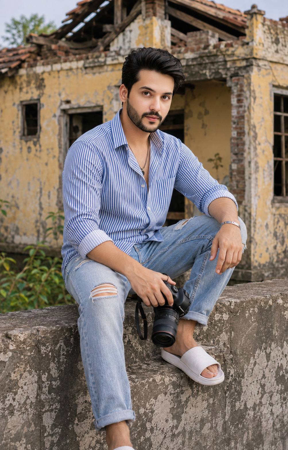 Young Indian Man with DSLR at an Abandoned Building | Ultra-Realistic AI Photo Prompt