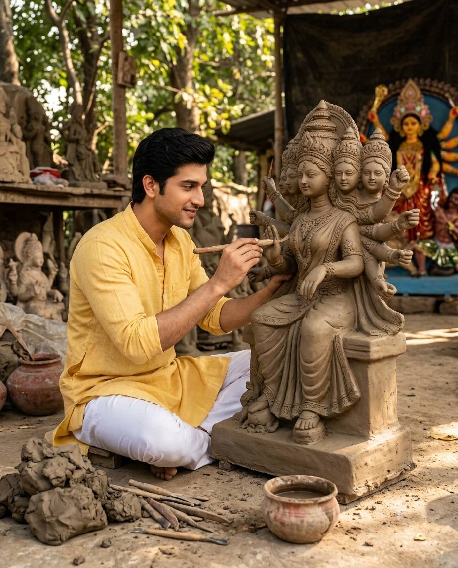 Maa Durga idol sculpting AI prompt | Yellow kurta & clay workshop